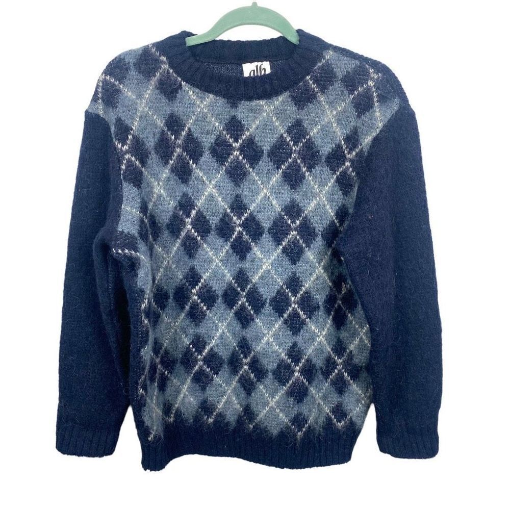 Icelandic Vintage ALB Collection Wool Argyle Navy Blue Sweater